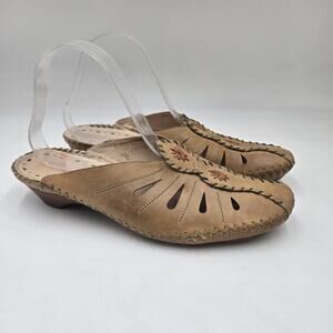Pikolinos Mules Womens 10 Mustard Yellow Floral Laser Cut Leather Casual Comfort